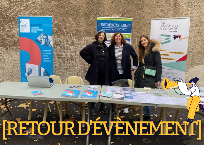 Stand LMA CRESS UNAT - de gauche à droite, on peut voir, souriantes, Léa (LMA PACA), Pacale (CRESS PACA), Camille (LMA PACA)