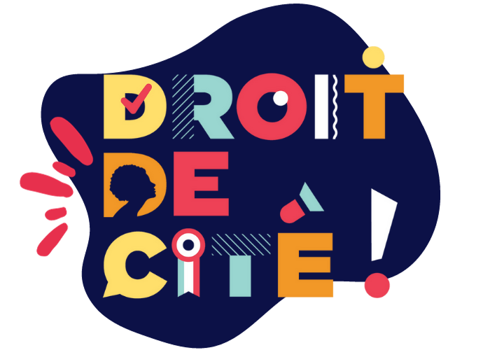 illustration avec logo ''droit de cité'' sur fond bleu