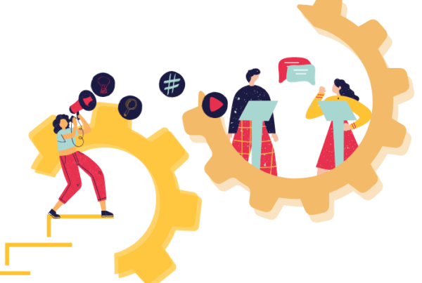 Illustration article - engrenages et parole des réseaux qui portent jusqu'au débat politique